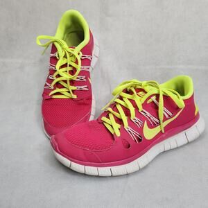 Nike Womens Free 5.0 Bright Pink Yellow Synthetic Lace Up Running Shoes Size 8